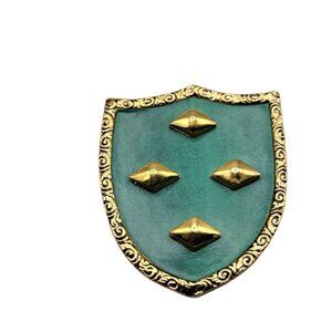 Knights Shield Brooch Pin Gold Tone & Green Vinyl Decorative Trim Vintage